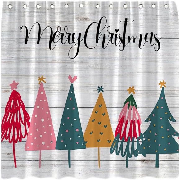 Christmas Tree Shower Curtain Colorful Xmas Pine Trees Snowflake Winter Holiday Happy New Year Festival Cartoon Farmhouse Decor Fabric Bath Curtain with Hook