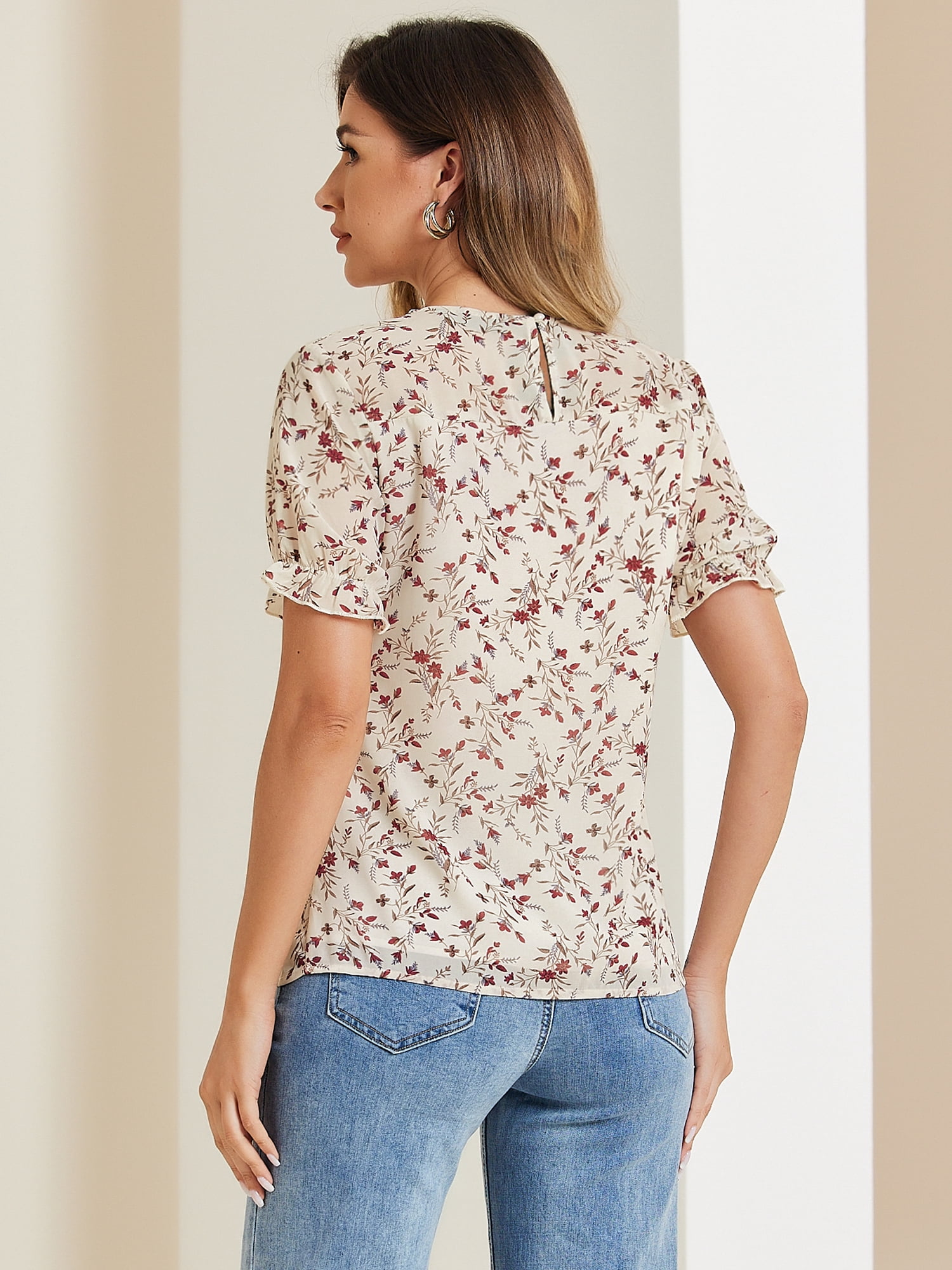 DARING DIVA Chiffon Ruffled Trim Floral Blouse Top XL White Red