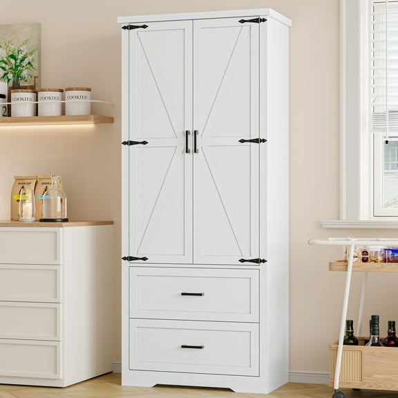 Pantry Organizers and Storage Cabinet, 71'' Barn Door Kitchen Cabinet with Drawers and Adjustable Shelf, Tall Pantry for Kitchen, Dining Room, Living Room. Bathroom and Office