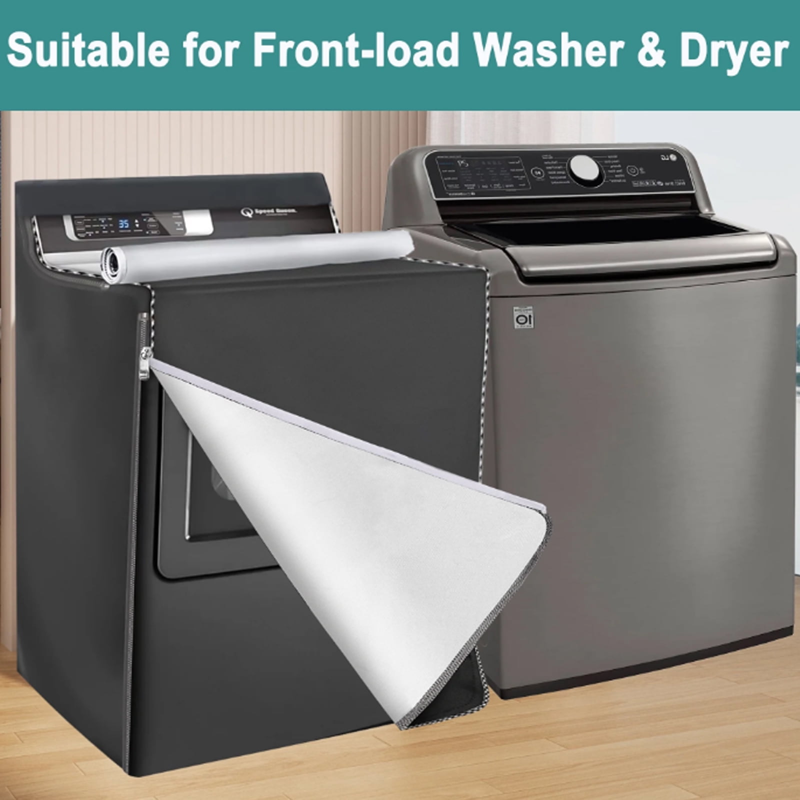 OhhGo 2 Pcs Washing Machine Cover, Waterproof Machine Protection Cover Dust-proof Moderately Sunscreen Washer Dryer Cover Fit for Front Load Washer Dryer, All Weather Protection, Black