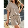 thumbnail image 2 of Womens 2 Piece Sets Summer Lounge Sets Striped Short Sleeve Oversized T Shirts Drawstring Shorts Matching Set, 2 of 5