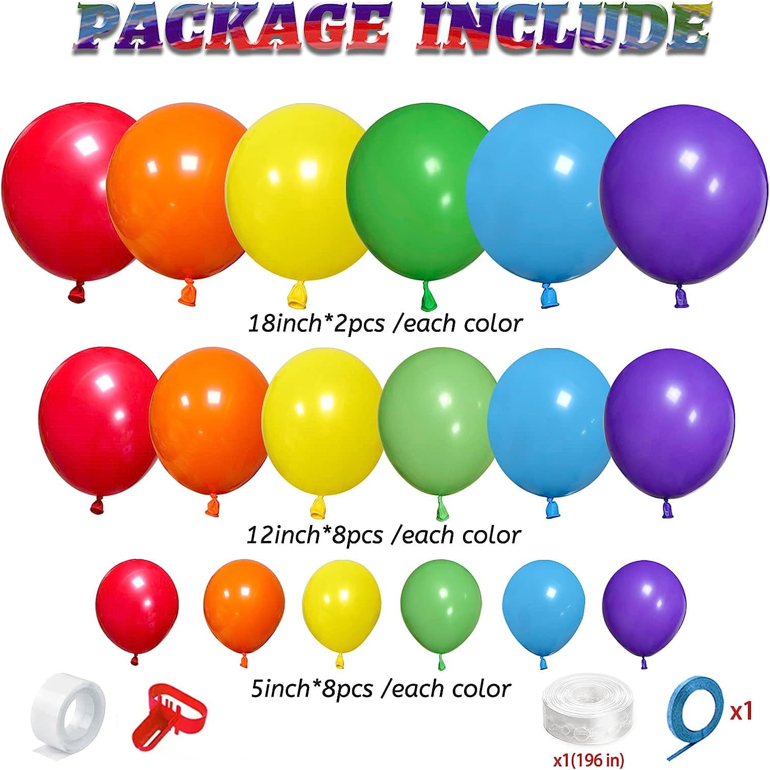 Lobida Rainbow Balloon Arch Kit, 18/12/5 inch, Latex, Colorful Party Decoration