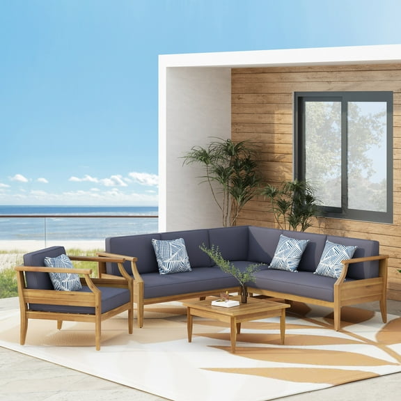 Sloane Acacia Wood Outdoor 5 Seater Sectional Chat Set with Club Chair, Teak and Dark Gray