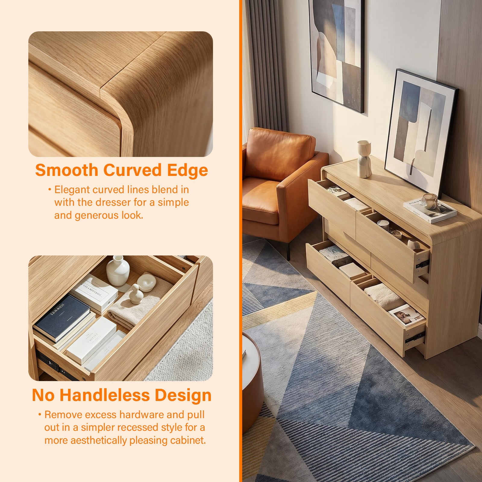 Hommoo Modern 6 Drawers Dresser for Bedroom with Spacious Countertop, Wooden Dressers Storage Cabinet with Concealed Handles & Rounded Corner Design, for Bedroom,Living Room, Natural
