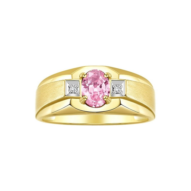 RYLOS Men's Rings 14K Yellow Gold Classic 7X5MM Oval Gemstone & Diamond Ring Pink Ice October Birthstone Rings For Men, Gold Rings Size 11