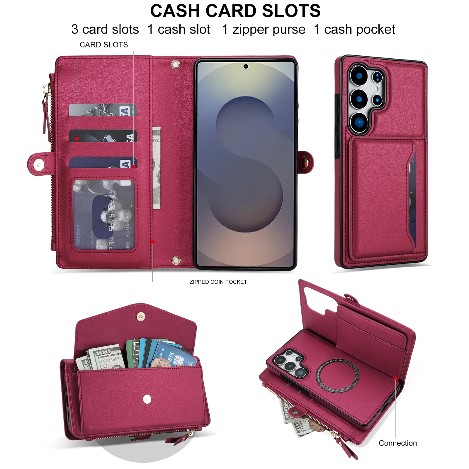 Designed for Samsung Galaxy S24 FE Multi-Function Wallet Phone Case,With Shoulder Strap&Wrist Strap,Cash Pocket&Card Slots,Zipper Purse,Magnetic Detachable PU Leather Flip Phone Case,Red