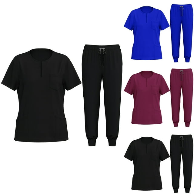 Penkiiy Ensemble de Blouses pour Femmes Uniforme d'Infirmière Ensemble Jogger Haut Extensible & Pantalon avec Multi-Poches pour Infirmière Esthéticienne Tenue de Travail 2TG Vin