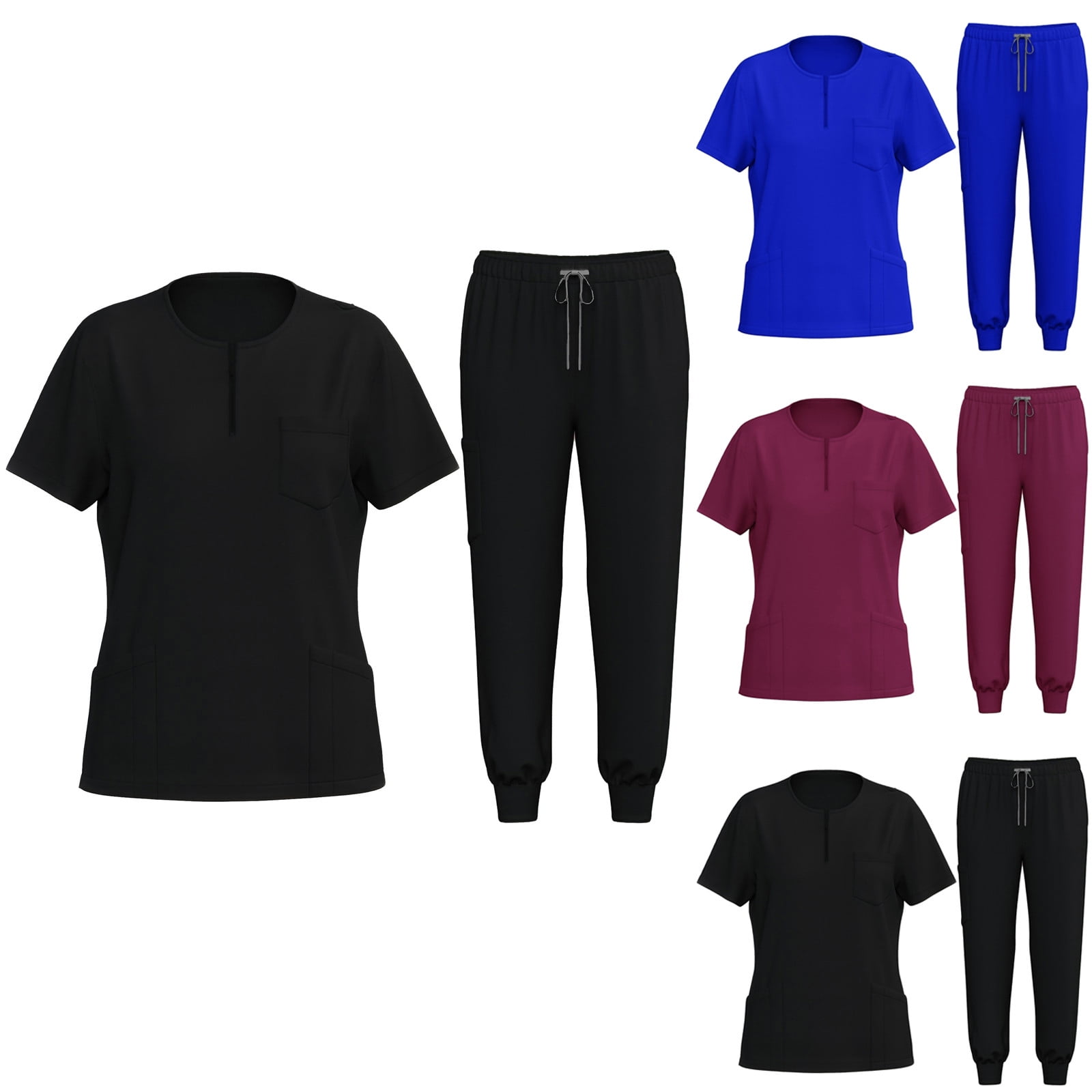 LSLJS Womens Scrubs Nursing Uniform Crew Neck Top Elastic Waist Jogger Pants, Casual Stretch Scrubs Solid Workwear, S-2XL