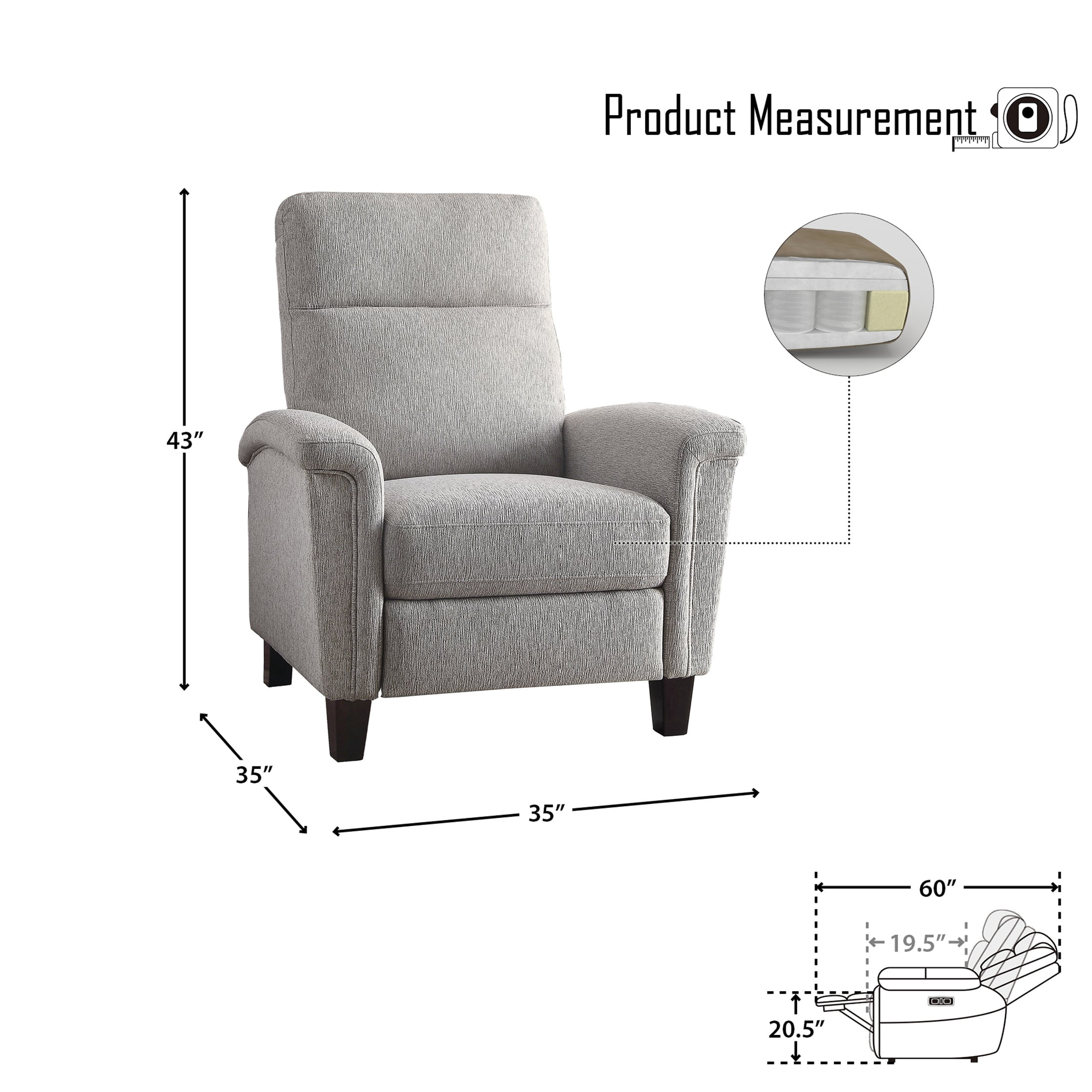 OakvillePark Sadie Textured Fabric Upholstered Push Back Reclining Chair, Light Gray