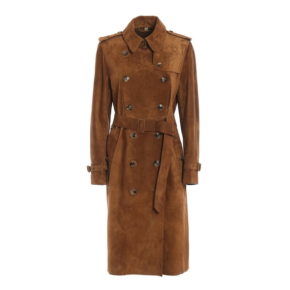 Womens Brown Double Breasted Tan Suede Trench Coat - Ladies Belted Slim Fit Leather Coat SouthBeachLeather