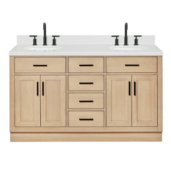 ARIEL Hepburn 60 Inch Double Oval Sink Bathroom Vanity With Carrara White Quartz Countertop 1.5 Inch Edge In Oak
