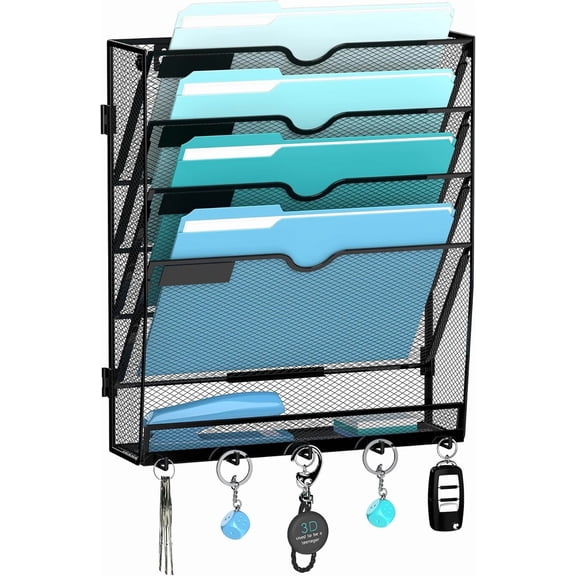 5-Tier Wall File Organizer and Mail with 5 Hooks, Black