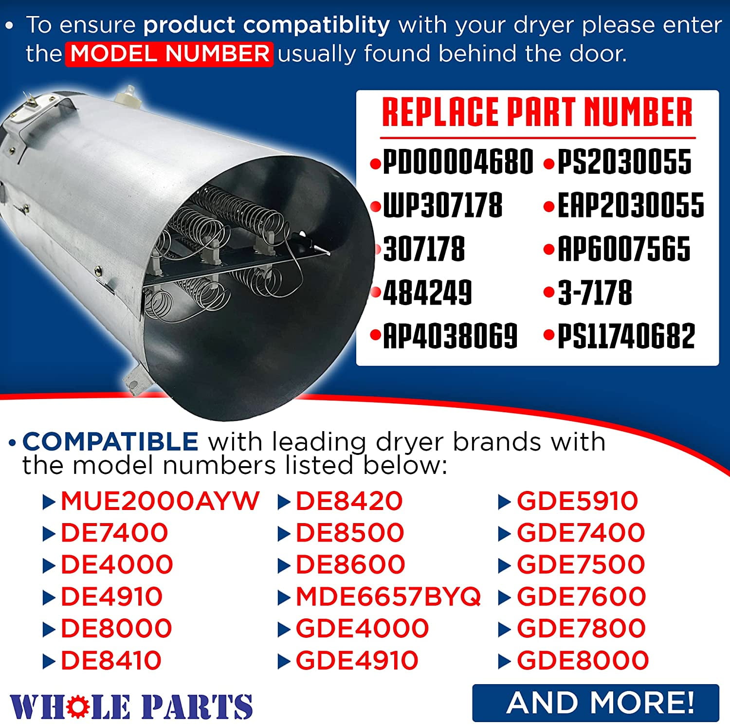 Whole Parts WP307178 Dryer Heating Element Assembly - Replacement and Compatible with Some Maytag, Crosley, Whirlpool Dryers