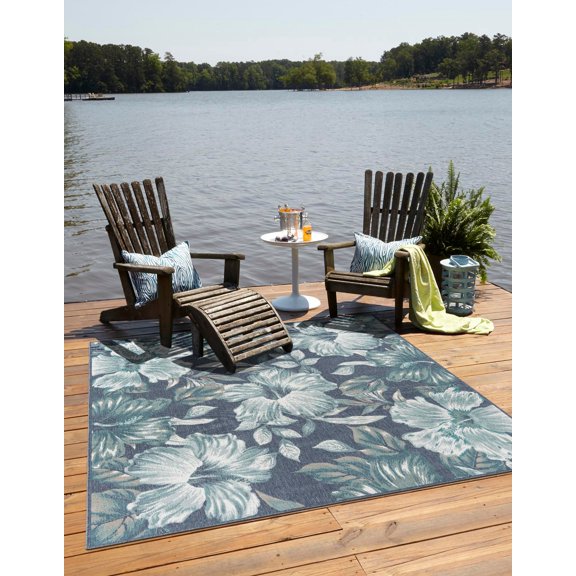 Unique Loom Outdoor Coastal Collection Area Rug - Cicek (7' 10" Square Blue/Ivory)