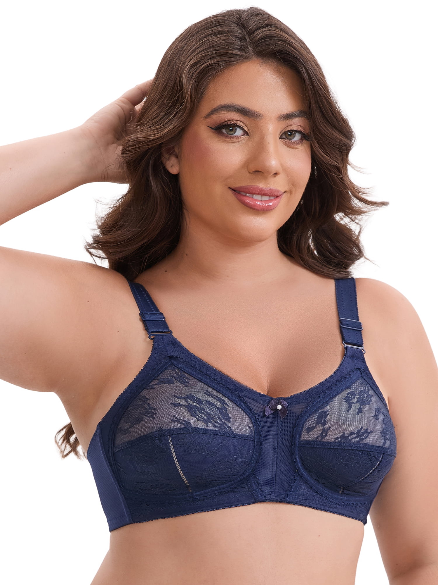 DARING DIVA Women's V-Neck Full Cup Wireless Bralette Lace Mesh 44D Blue
