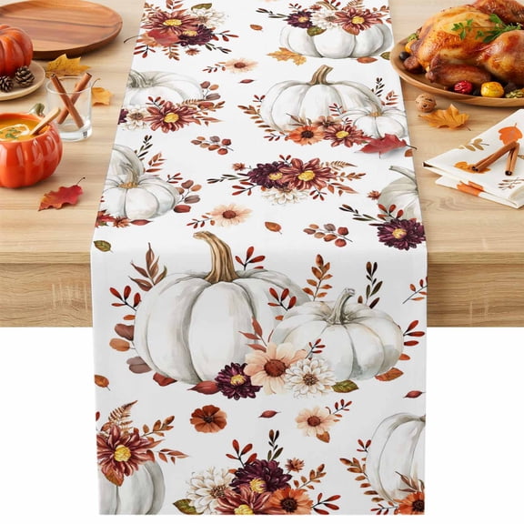 White Pumpkin Table Runner, Floral Leaves Fall Thanksgiving Botanical Decorative Table Runner for Kitchen, Dining‑Room, Banquet and Holiday Party, 13x48 Inch