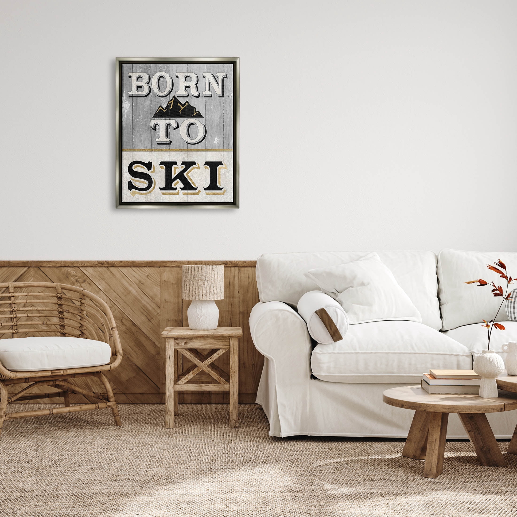 Stupell Industries Born To Ski Mountain Sign Graphic Art Luster Gray Floating Framed Canvas Print Wall Art, Design by Livi Finn