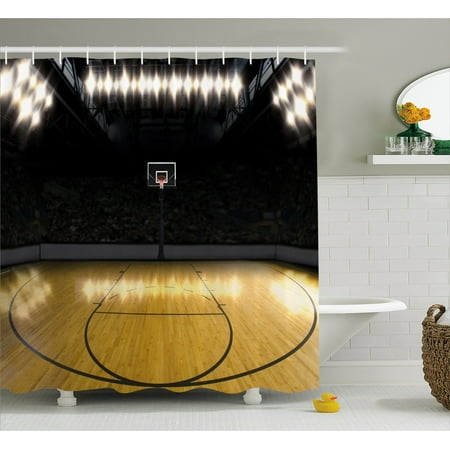 Arena Competition Suit Teen Room Decor Shower Curtain, Empty Basketball Arena Competition Game Win Champion Success Theme, Fabric Bathroom Set with Hooks, 69W X 84L Inches Extra Long, Light Coffee Black, by Ambesonne ()