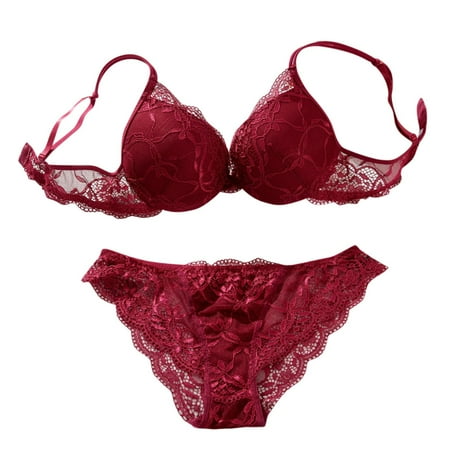Clearance!Uooqdmx Lingerie for Women Lingerie Sets for Women Push Extreme Set Sexy Padded Bra Underwear Embroidery Up Lace Sets Women s Lingerie  Sleep & Lounge Wine 75B