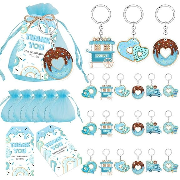 24Sets Sprinkled with Love Baby Shower Party Favors Blue Donut birthday Party Decorations Bags Filler Donut Keychains Thank You Tags Blue Organza Bags for Donut Birthday Baby Shower Party Supplies