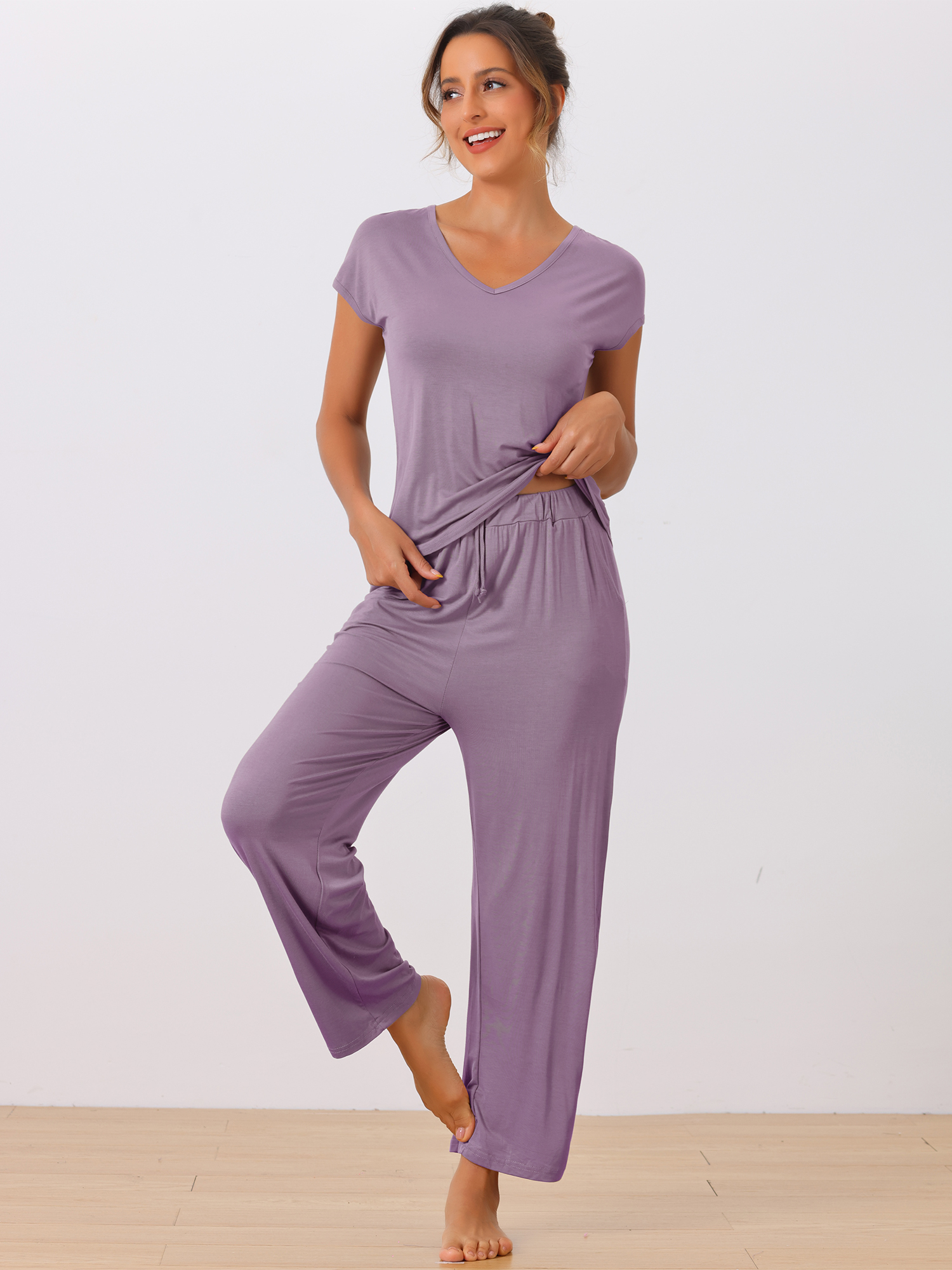 DARING DIVA Women's Short Sleeve Pajama Set Loungewear Long Pants Sweatsuit M Purple