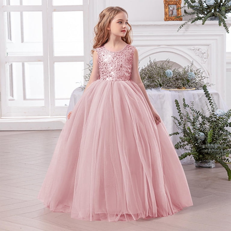 Fesfesfes Toddler Girls Dress Net Yarn Embroidery Rhinestone Solid Color  Birthday Party Gown Long Dresses