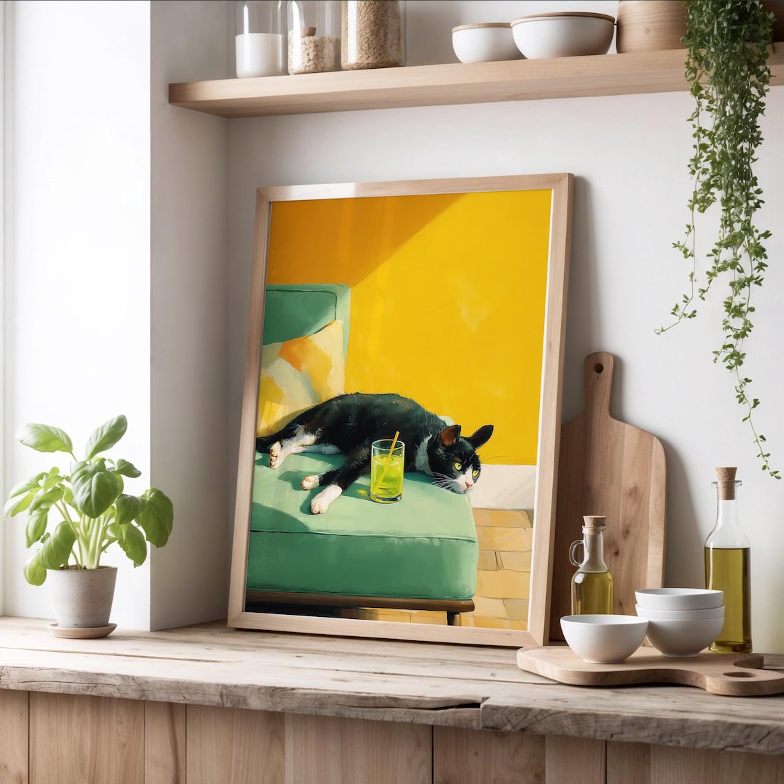Black Tabby Cat Cocktail Wall Art Print Whimsical Home Decor