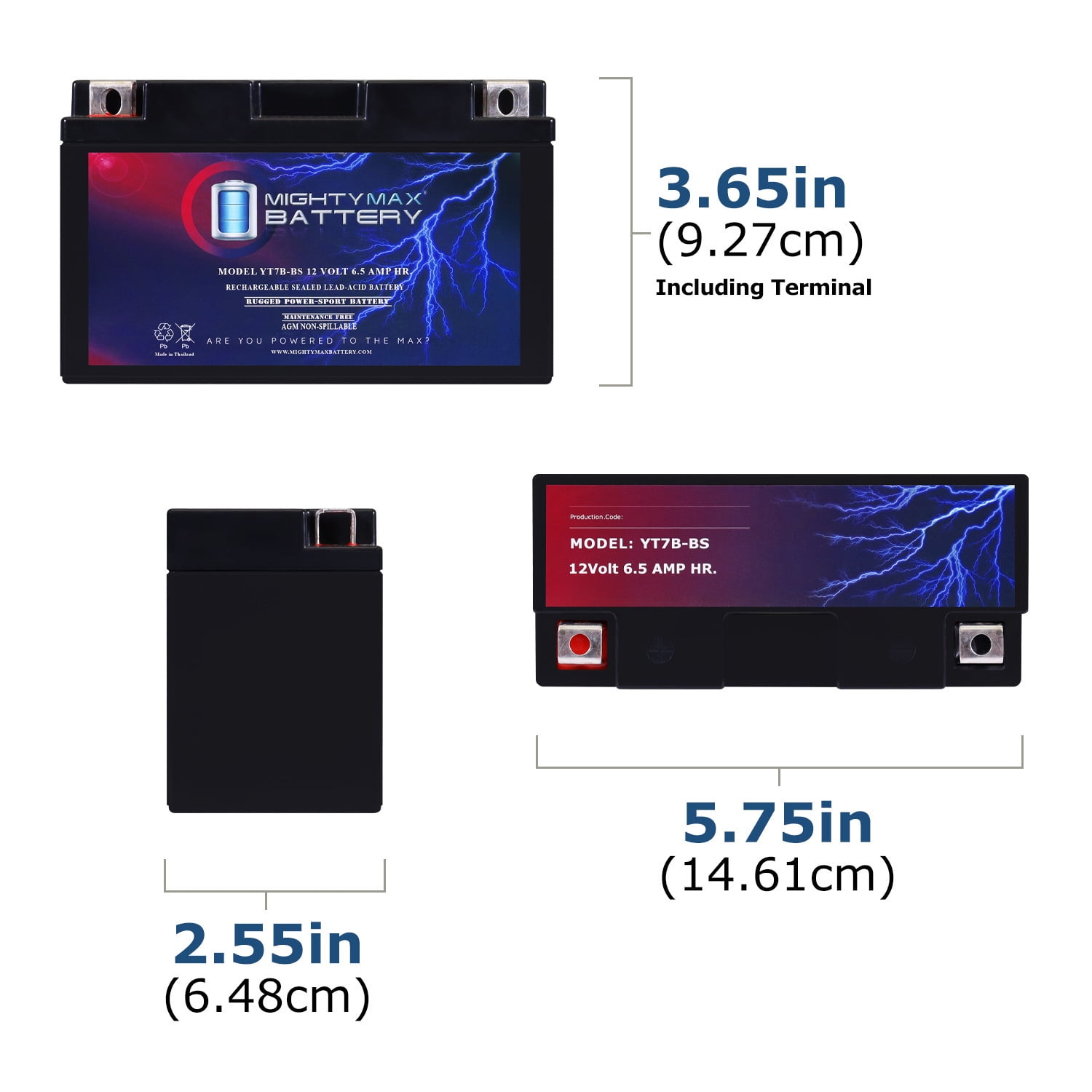 YT7B-BS 12V 6.5AH Battery Replaces High Performance - Maintenance Free - Sealed AGM Motorcycle