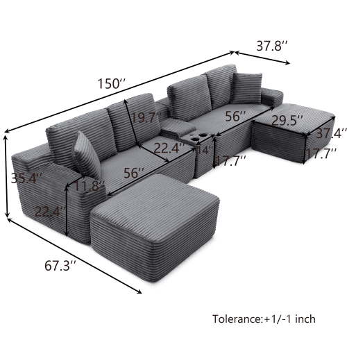 150" Oversized L-Shape Sectional Sofa with Deep Seat, Cup Holders & USB Ports, Corduroy Cloud Couch with Hidden Storage, Grey