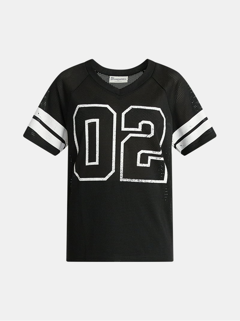 No Boundaries Women's Graphic Mesh Football Tee, V-Neck
