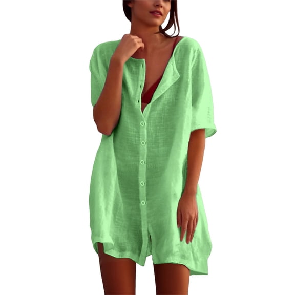 Wsysadlol Under $10 Womens Summer Dresses Women Solid Color Loose Short Sleeve Mini Dress Lightweight Breathable Cotton Linen Casual Dress Comfort Summer Home Loungewear