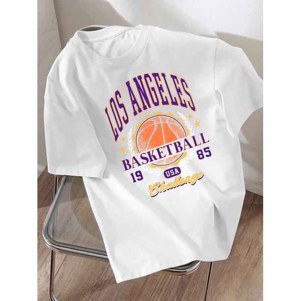 Boys' Cool Basketball Graphic Tee - Los Angeles 1991 Design, Olive Green, Loose Fit, Short Sleeve, Summer Casual Streetwear, Cotton, Machine Washable