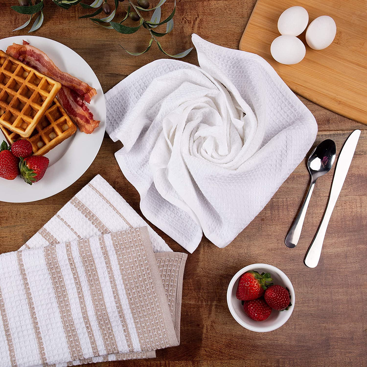 Waffle Kitchen Towels Set of 3, White and Gray Waffle Weave Dish Towels for  Kitchen, Absorbent Waffle Hand Towels, Oeko-Tex Cotton Tea Towels, 28 in x
