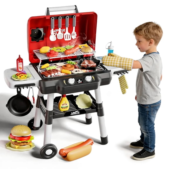 Caunedy Kids Play Kitchen Toys, BBQ Grill Playset with Smoke Sound Light, 2-Layer Barbecue Toy with Wheel, Outdoor Play Grill Toys for Toddlers 3-5