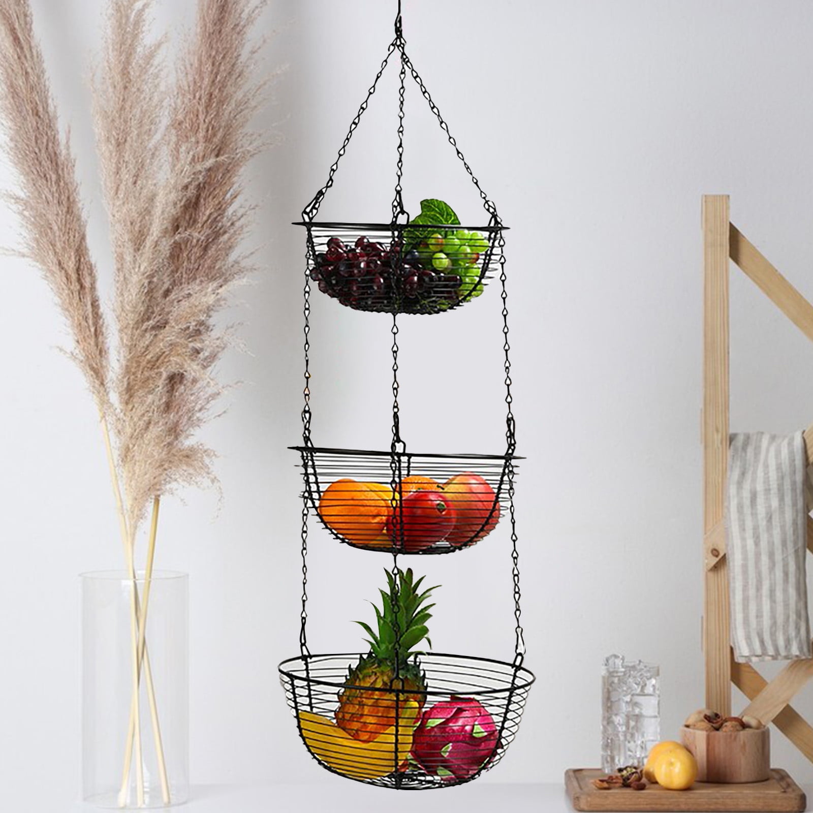 LYINGF 3 Tier Hanging Kitchen Black Fruit Basket,Farmhouse Wire Basket, Three Tier Fruit Basket for Kitchen for Vegetables, Bread & More, Metal Chain, Hanging Hook and Detachable Round Wire Baskets