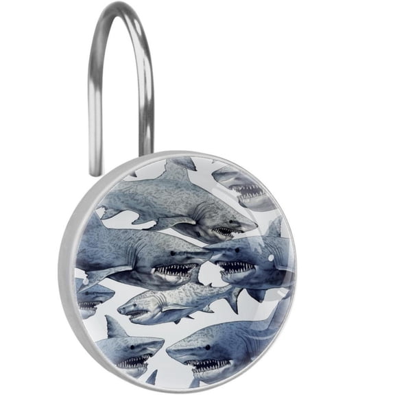 Shark Shower Curtain Hooks Set of 12 for Home Hotel Shower Rods Bathroom Crystal Glass Print Stainless Steel Round Curtain Hooks