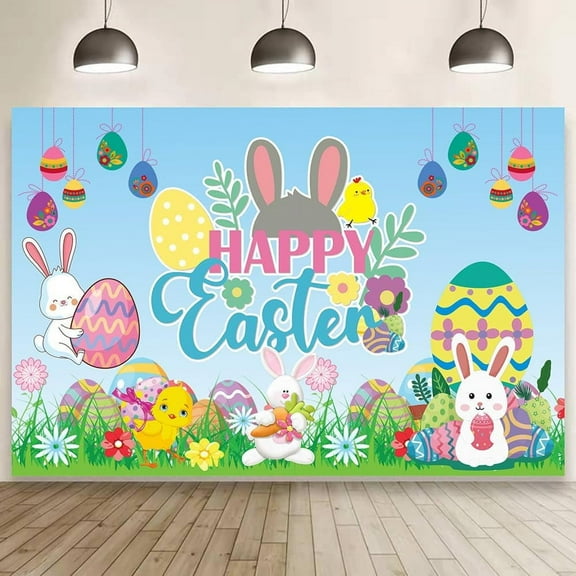 Happy Easter Backdrops Photography Banner Decorations Bunny Grassland Rustic Wood Background Eggs Banner for Jesus Easter Spring Party Decorations, 70 x 35 Inch
