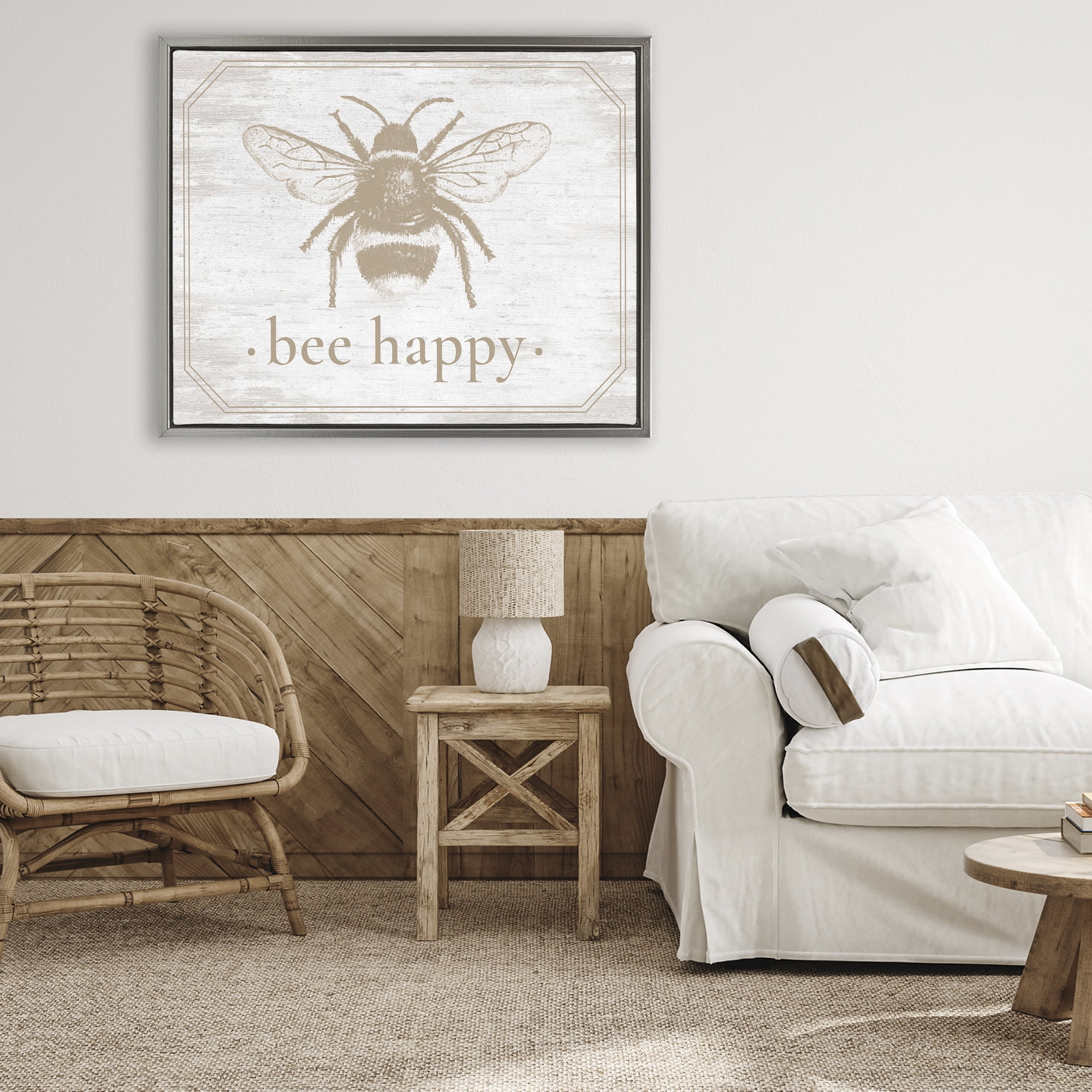 Bee Happy with Rustic Border Gray Framed Floater Canvas Wall Art, design by Lettered and Lined