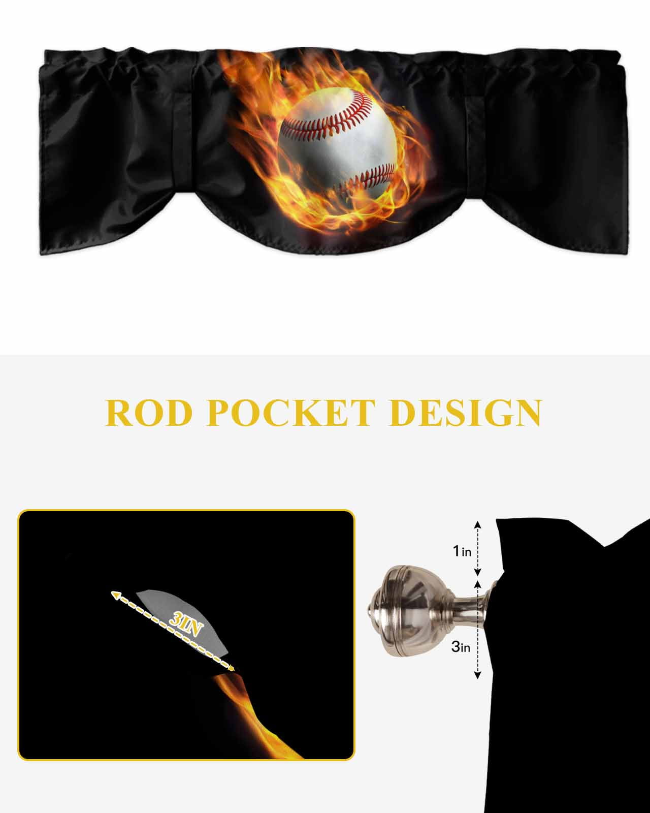 Flame Baseball Tie Up Valances Curtain, Adjustable Kitchen Sports Black Background Abstract Art Valances for Windows Decor, Rod Pocket Short Curtains Set for Bedroom/Bathroom, 54"x18"