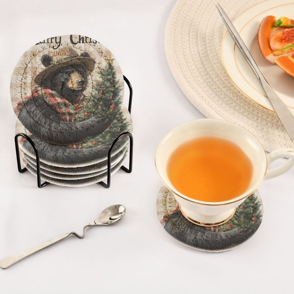 BZSMCE 6Pcs Drink Coasters With Holder 3.94Inch Black Bear with Christmas Tree Creative Coil Coaster Coasters Colors Absorbent Coasters for Drinks Coasters Set Thicken Heat for Home Table