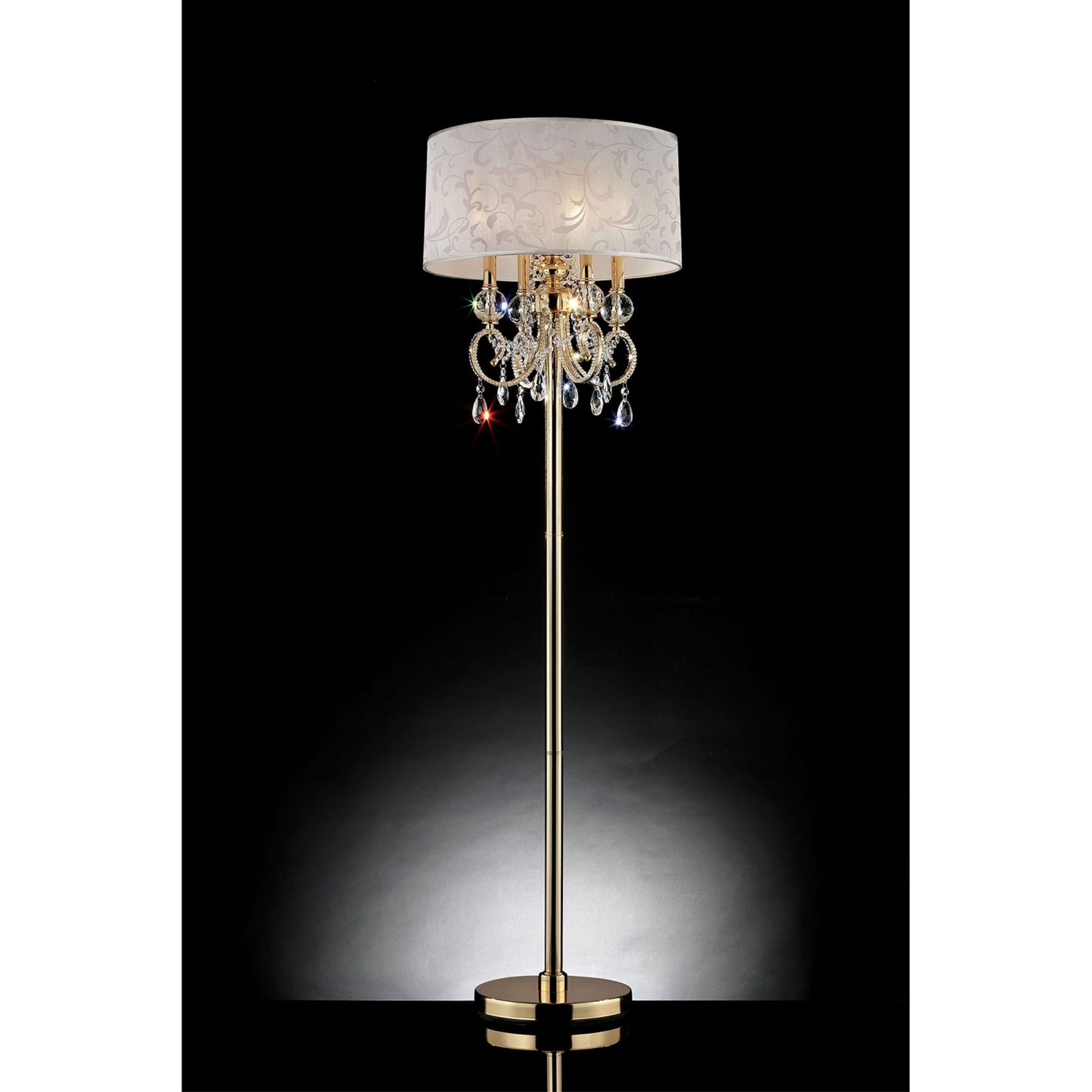 Chandelier Floor Lamp with Hanging Crystals and Floral Pattern Shade