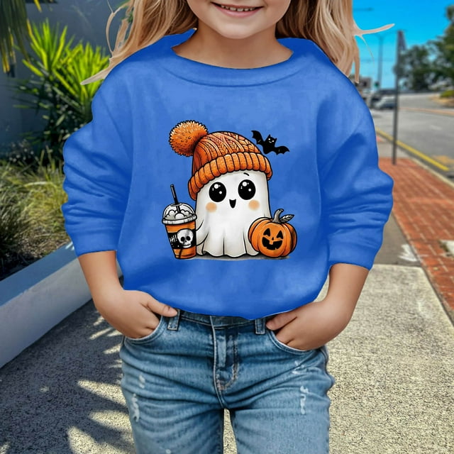 PMVFHDE Chandails à Capuchon et Chandails pour Filles Mode Enfants Halloween Mignon Imprimé Col Rond Sans Capuche Manches Longues Chandail pour Filles Bleu, 4-5 Ans
