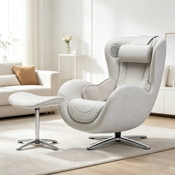 Nouhaus Heated Classic Massage Chair Full Body and Spot Massaging Recliner with Ottoman, Bluetooth Speaker, in-Chair Charger Elder White