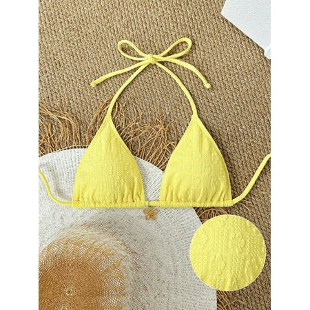 Swim Mod 1pc Women s Textured Fabric Solid Color Halter Neck Triangle Bikini Swimwear Top  For Summer Beach Vacation