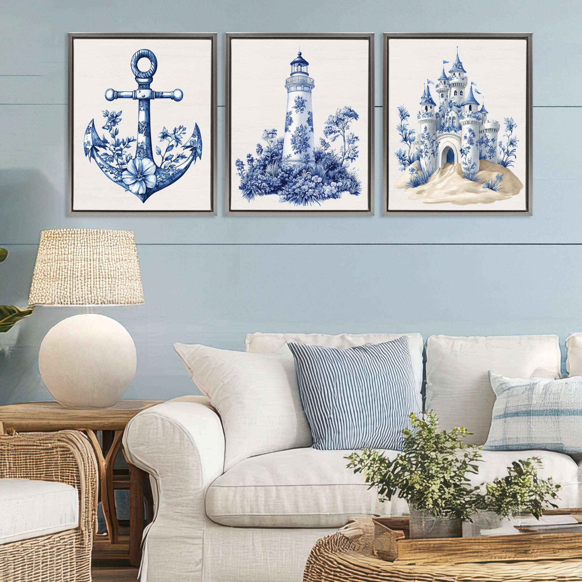 Ornate Nautical Toile Patterns 3 Piece Gray Framed Floater Canvas Set, design by Lettered and Lined