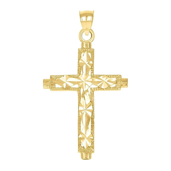 10k Yellow Gold Mens Women Textured Diamond-cut Cross Religious Charm Pendant 40x21.4mm Wide Necklace for Men