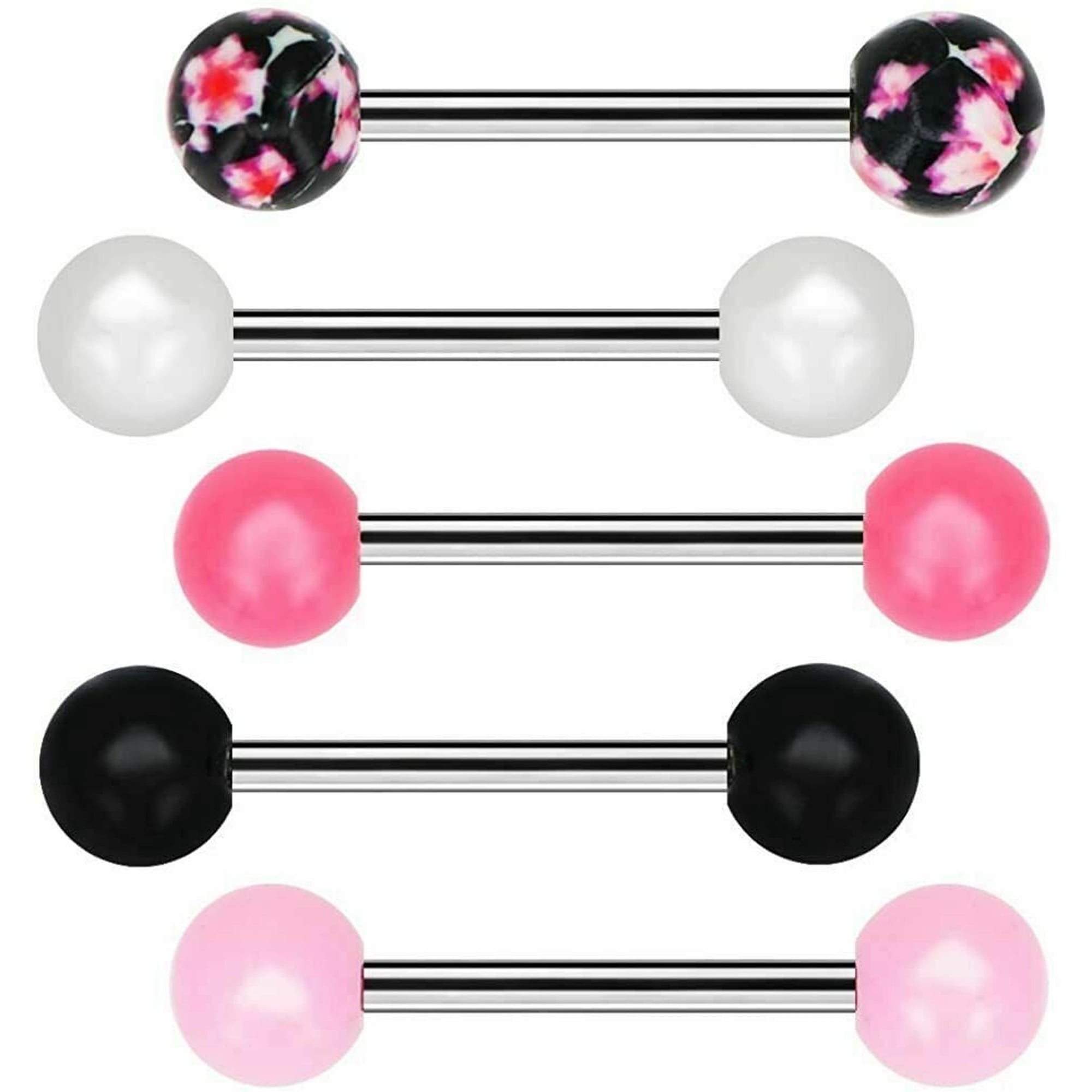 COCHARM 5pcs Black-Pink Tongue Rings Set 14G Stainless Steel Barbells Piercings Body Jewelry