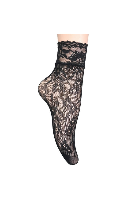 Women's Lace Ankle Fishnet Short Stockings - Nylon, One Size, Stylish Sexy, 1 Pair - Black