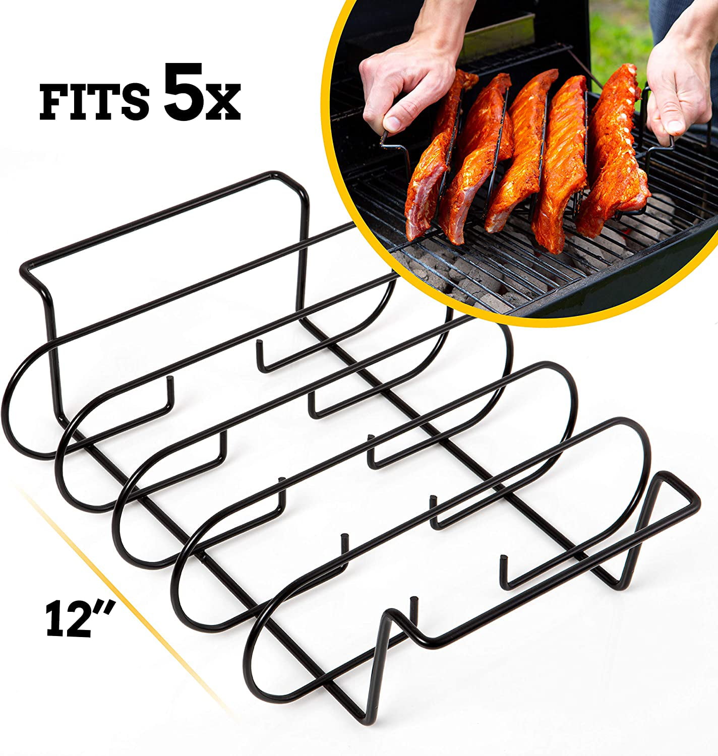 Rib Rack,Stainless Steel Roasting Stand Holds 5 Ribs for Grilling Barbecuing,Non-Stick BBQ Rib Rack for Gas Smoker or Charcoal Grill 