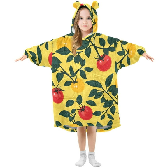 Yellow and Red Tomatoes Leaves Flannel Wearable Blankets Hooded Design Long Sleeves Wrap Unisex for 3T-14Y S